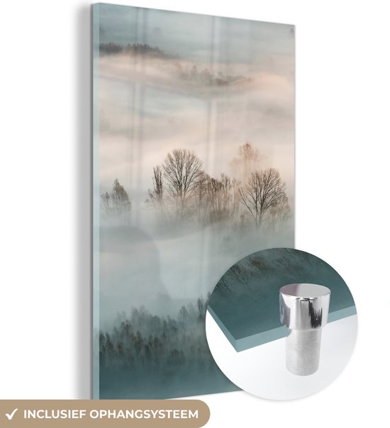 MuchoWow - Glasschilderij - Woondecoratie - Winter - Mist - Bomen - Natuur - Schilderij glas - 80x120 cm - Foto op glas - Muurdecoratie