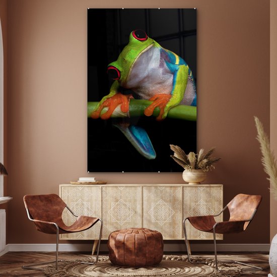 Peinture sur verre - Grenouille - Animaux - Vert - Oranje - Rouge - Photo sur verre - Peinture sur verre - 100x150 cm - Décoration murale