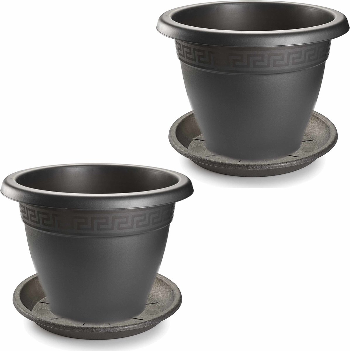 2x stuks bloempotten met onder opvangschaal in kleur antraciet grijs - rond diameter 40 cm - Plantenpotten/bakken