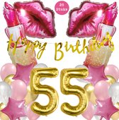 Snoes Mega Beauty Helium Ballonnen Set 55 Jaar - Roze Helium Folieballonnen - Slinger Happy Birthday Goud