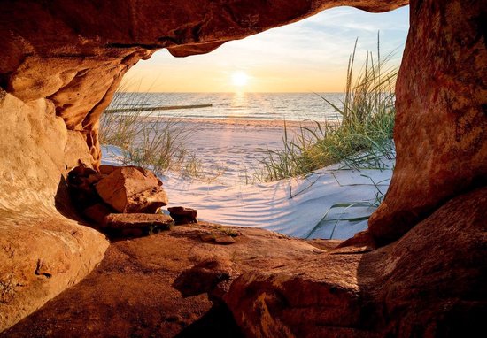 Papier peint photo Peint Intissé - Vue 3D de la Grotte sur les Dunes, Plage et Coucher de Soleil au-dessus de la Mer - 368 x 380 cm