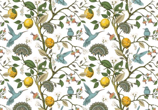 VEELIKE Fotobehang bloemen en vogels behang nachtblauw tropische bladeren behang citroen meubelfolie zelfklevend bloemenbehang vintage kastpapier slaapkamer plakfolie badkamer 44,5 cm x 300 cm