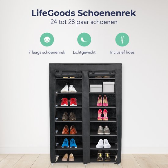 Zwart schoenenrek met 7 lagen, met 24 tot 28 paar schoenen, met icoontjes voor lagen, lichtgewicht en inclusief hoes.