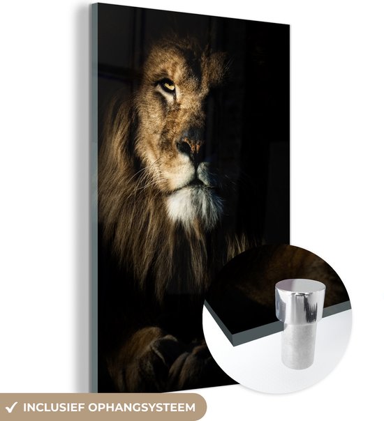 Glasschilderij leeuw - Dieren - Portret - Zwart - Glazen decoratie - Glasplaat - Woonkamer decoratie - Muurdecoratie glas - 60x90 cm - Foto op glas - Schilderij glas - Glasschilderijen