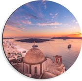 Dibond Muurcirkel - Uitzicht op Griekse Kustplaats Santorini - 40x40 cm Foto op Aluminium Muurcirkel (met ophangsysteem)