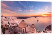 Tuinposter – Uitzicht op Griekse Kustplaats Santorini - 120x80 cm Foto op Tuinposter (wanddecoratie voor buiten en binnen)