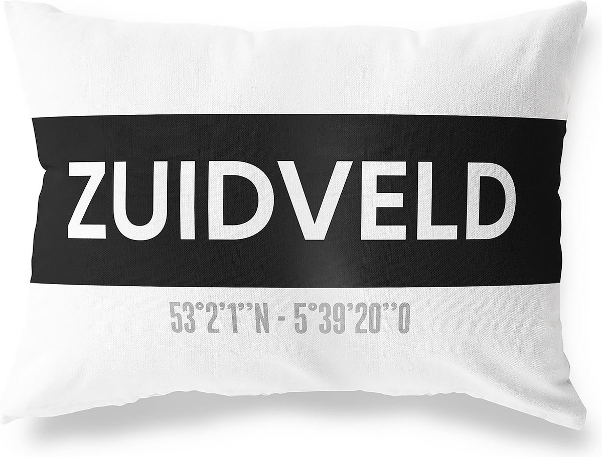 Tuinkussen ZUIDVELD - DRENTHE met coördinaten - Buitenkussen - Bootkussen - Weerbestendig - Jouw Plaats - Studio216 - Modern - Zwart-Wit - 50x30cm