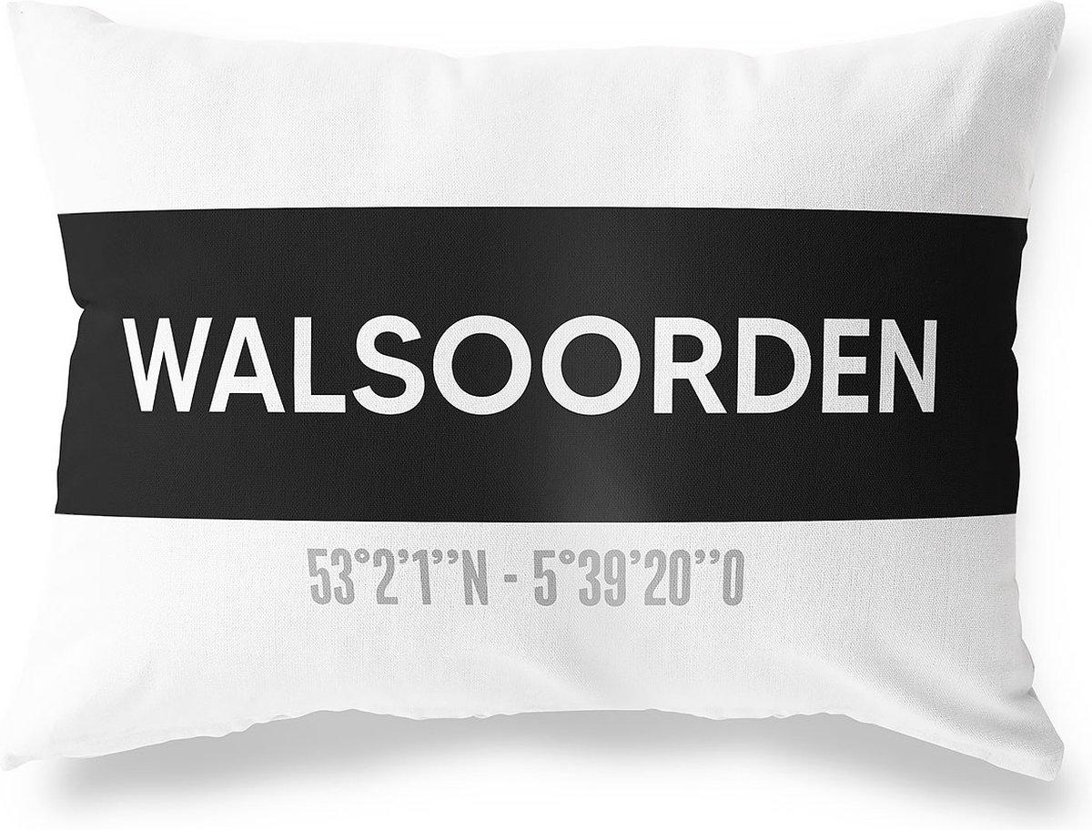 Tuinkussen WALSOORDEN - ZEELAND met coördinaten - Buitenkussen - Bootkussen - Weerbestendig - Jouw Plaats - Studio216 - Modern - Zwart-Wit - 50x30cm