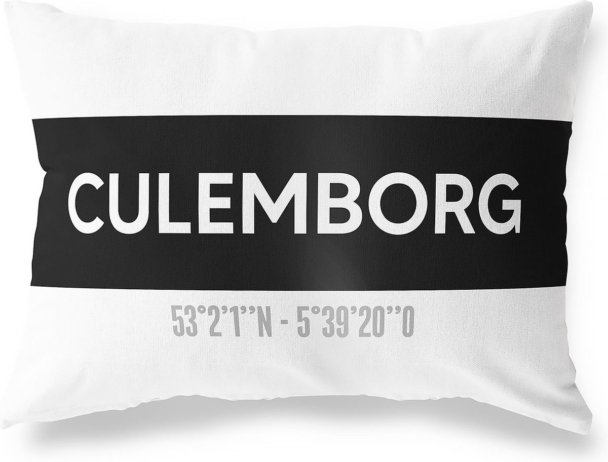 Tuinkussen CULEMBORG - GELDERLAND met coördinaten - Buitenkussen - Bootkussen - Weerbestendig - Jouw Plaats - Studio216 - Modern - Zwart-Wit - 50x30cm