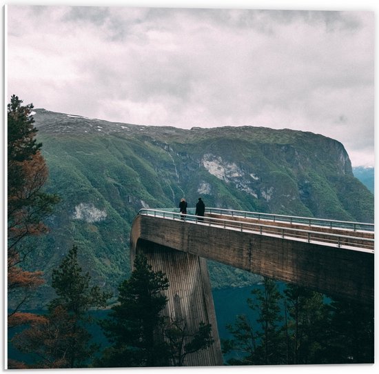 PVC Schuimplaat - Bergen - Gras - Brug - Mensen - Hout - Bomen - Bossen - 50x50 cm Foto op PVC Schuimplaat (Met Ophangsysteem)