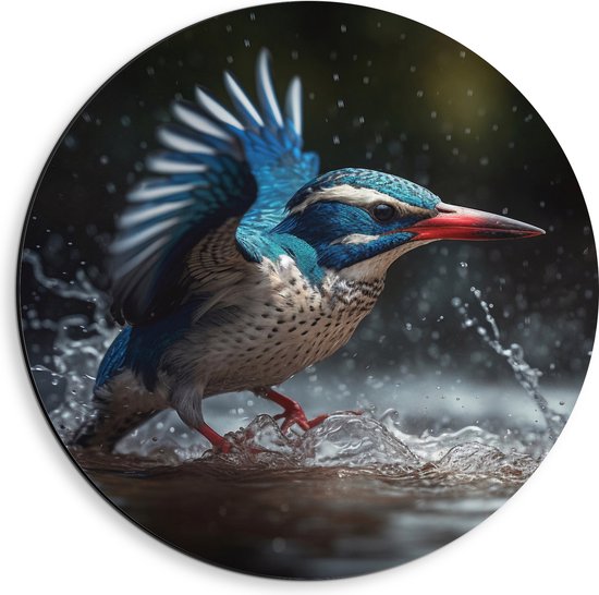 Dibond Muurcirkel - Blauw - Witte Vogel in Waterplas - 40x40 cm Foto op Aluminium Muurcirkel (met ophangsysteem)