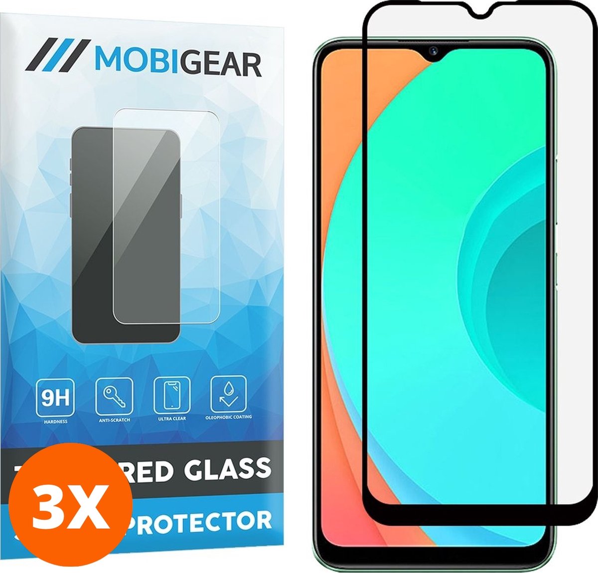 Mobigear Screenprotector geschikt voor Realme C11 (2020) Glazen | Mobigear Premium Screenprotector - Case Friendly - Zwart (3-Pack)