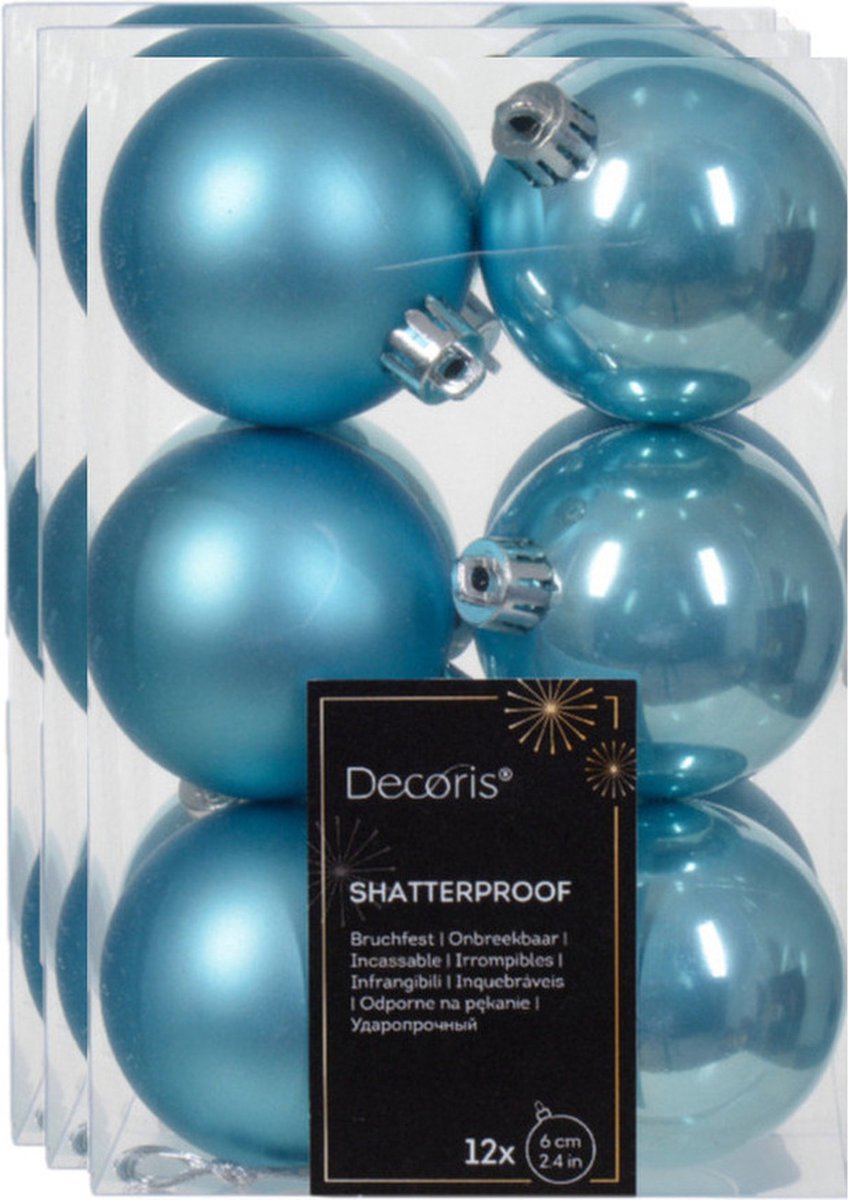 Decoris kerstballen - 36x - 6 cm - kunststof - ijsblauw / suiker blauw