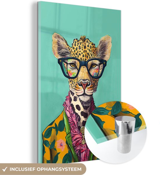 MuchoWow® Glasschilderij 20x30 cm - Schilderij acrylglas - Bladeren - Bril - Giraffe - Dieren - Design - Foto op glas - Schilderijen