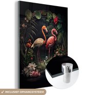 MuchoWow® Glasschilderij 60x80 cm - Schilderij acrylglas - Flamingo - Bloemen - Planten - Jungle - Roze - Foto op glas - Schilderijen