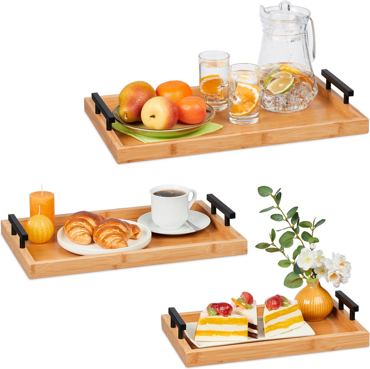 dienblad bamboe - set van 3 - 3 groottes - met handgrepen - hoge rand - rechthoekig