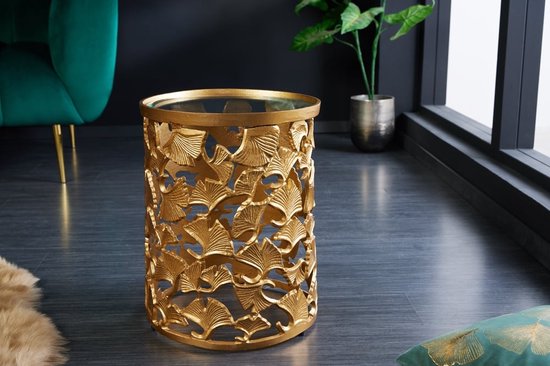 Decoratieve salontafel GINKGO 35cm goud handgemaakt rond metalen glazen blad - 42034