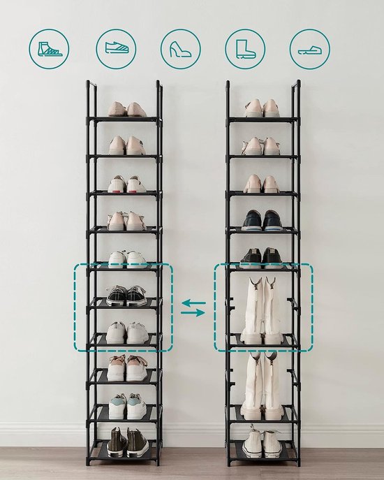 Image comparative de deux étagères à chaussures noires à 10 niveaux : une avec des chaussures plates, l'autre avec des bottes hautes. Icônes montrant des types de chaussures.