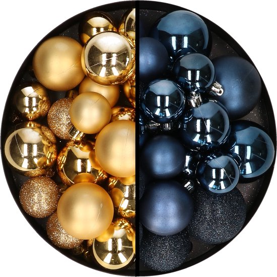 45 stuks kerstballen, blauw-goud, 6 cm, onbreekbare kunststof