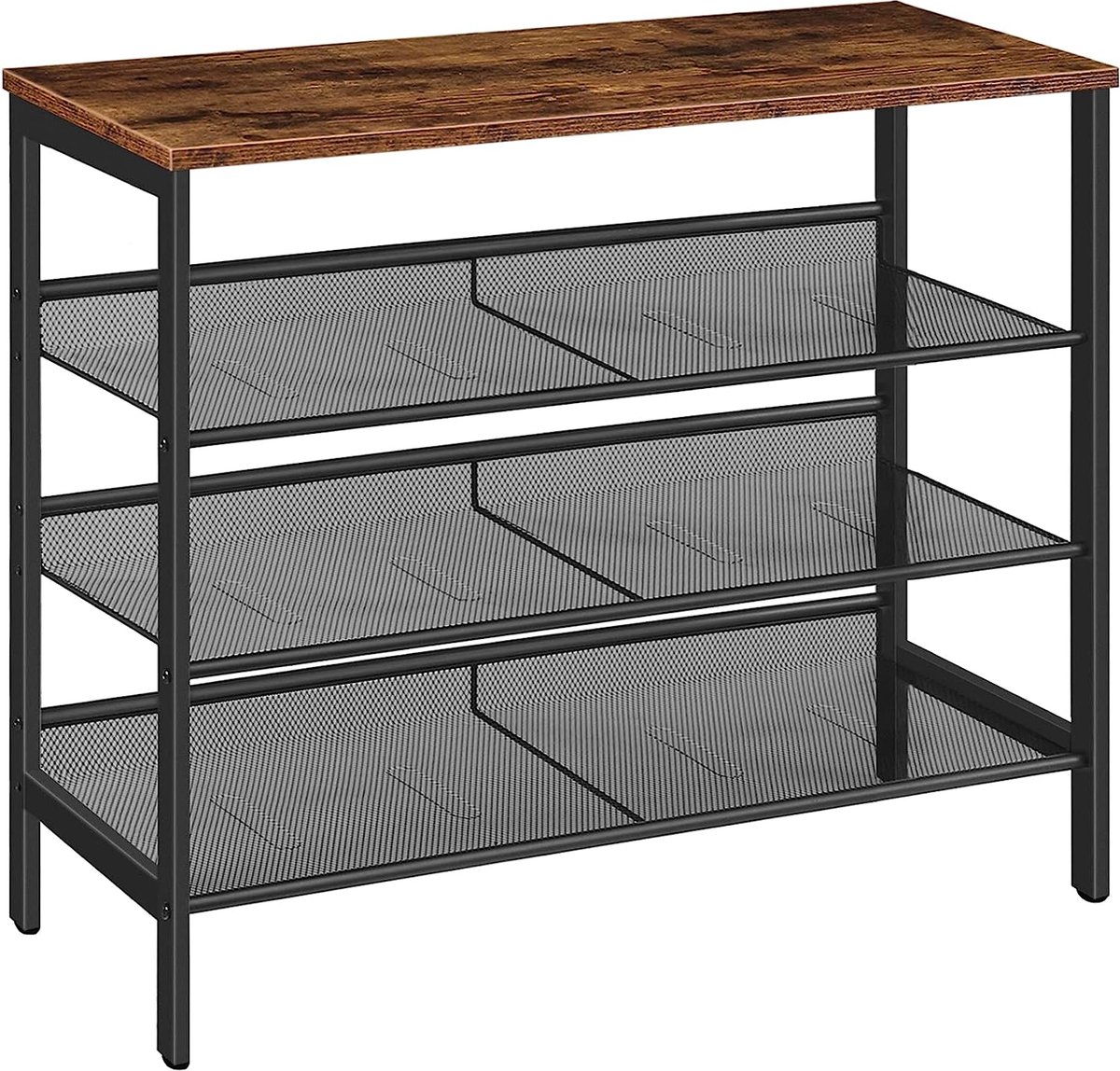 Schoenenrek, schoenenkast met 4 niveaus, schoenenbank met 3 roosterplanken, plat of schuin, stabiel, voor entree, hal, slaapkamer, industrieel design, vintage bruin-zwart EUBF14XJ01