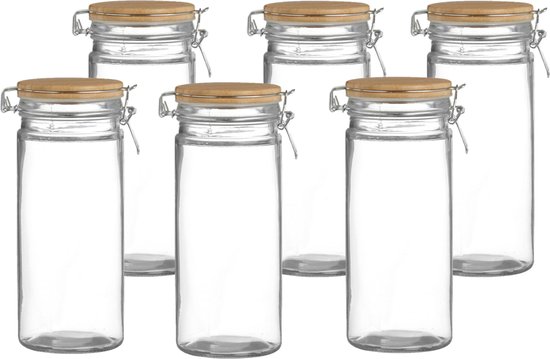 Urban Living Weckpot/inmaakpot - 6x - 1,3L - glas - met beugelsluiting - bamboe deksel