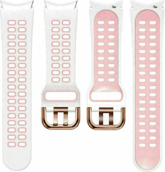 Bracelet Strap-it adapté au Samsung Galaxy Watch 5 40 mm bracelet carré sport (blanc/rose) - Bracelet en silicone Galaxy Watch 5 40 mm - Incl. protection d'écran - Étui de protection - Étui rigide transparent à couverture complète