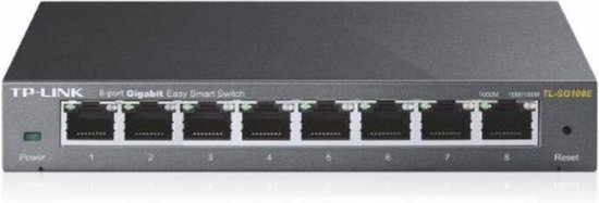 Zwarte TP-Link 8-poorts Gigabit Easy Smart Switch met 8 Ethernet-poorten, groene "Power"-indicator en "Reset"-knop.