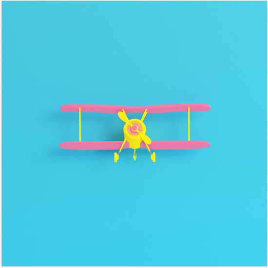 Poster Glanzend – Vooraanzicht van Roze met Geel Zweefvliegtuig op Felblauwe Achtergrond - 80x80 cm Foto op Posterpapier met Glanzende Afwerking