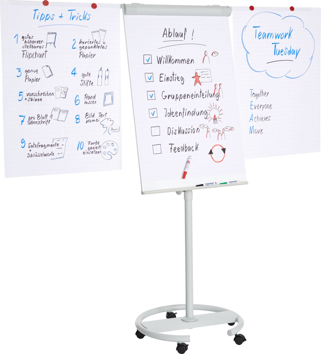Franken Flipchart ECO Mobil F2400/N, 5 wielen, in hoogte verstelbaar, magnetisch, 2 zijarmen, lade, plastic & metaal, bord 680 x 1050 mm thumbnail 5