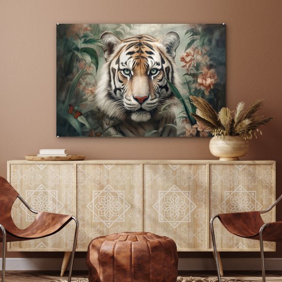 Glasschilderij - Tijger - Bloemen - Blinder - Dieren - Natuur - Glasplaat - Foto op glas - Glasschilderijen woonkamer - Schilderij op glas - 120x80 cm - Muurdecoratie - Wanddecoratie - Slaapkamer - Kamer decoratie