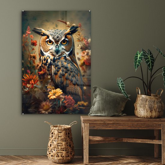 MuchoWow® Peinture sur verre 80x120 cm - Peinture sur verre acrylique - Hibou - Vogel - Fleurs - Plantes - Botanique - Photo sur verre - Peintures