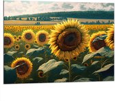 Dibond - Close-up van Zonnebloemen Omringd door Zonnebloemen in een Zonnebloemenveld - 100x75 cm Foto op Aluminium (Met Ophangsysteem)