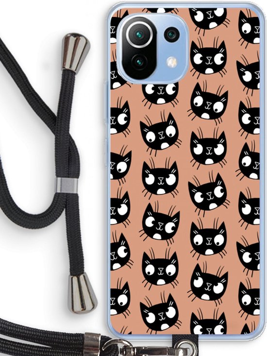 Transparante hoes met zwart kattenprint op een perzikkleurige achtergrond, met zwart koord.