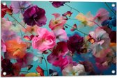 Tuinposter – Zee van Kleurrijke Bloemen tegen Blauwe Achtergrond - 75x50 cm Foto op Tuinposter (wanddecoratie voor buiten en binnen)
