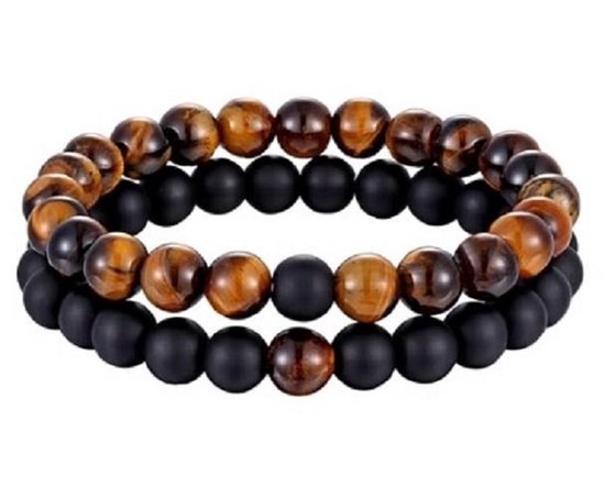 Bracelet Sorprese - Premium Bead - bracelet homme - 22 cm - perles - oeil de tigre marron - noir mat - unisexe - cadeau - modèle K