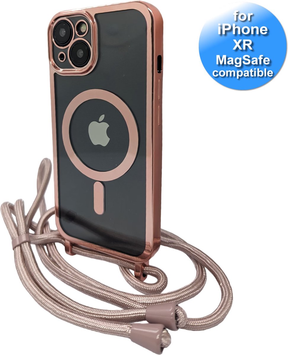 Hoesje met Koord geschikt voor de iPhone Xr- met sterke magneetring geschikt voor MagSafe laders - extra Lens bescherming - Transparant met Rosé Goud