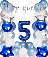 Snoes Ballonnen 5 Jaar Set Mega Blauw Zilver Ballon - Compleet Feestpakket Cijferballon 5 Jaar - Verjaardag Versiering Slinger Happy Birthday – Folieballon – Latex Ballonnen - Helium Ballonnen