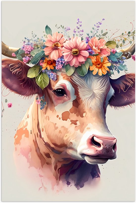 Poster Glanzend – Tekening van Koe met Kleurrijke Bloemenkrans - 60x90 cm Foto op Posterpapier met Glanzende Afwerking