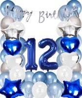 Snoes Ballonnen 12 Jaar Set Mega Blauw Zilver Ballon - Compleet Feestpakket Cijferballon 12 Jaar - Verjaardag Versiering Slinger Happy Birthday – Folieballon – Latex Ballonnen - Helium Ballonnen