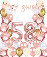 Snoes Ballonnen 58 Jaar Rose Gold White Dots - Compleet Feestpakket met cijfer ballon 58 jaar - Verjaardag Versiering Slinger Happy Birthday – Folieballon – Latex Ballonnen - Helium Ballonnen - Rose Feestpakket