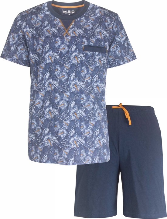 MEQ Heren Shortama - Pyjama Set - Korte Mouwen - 100% Katoen - Navy Blauw - Maat S