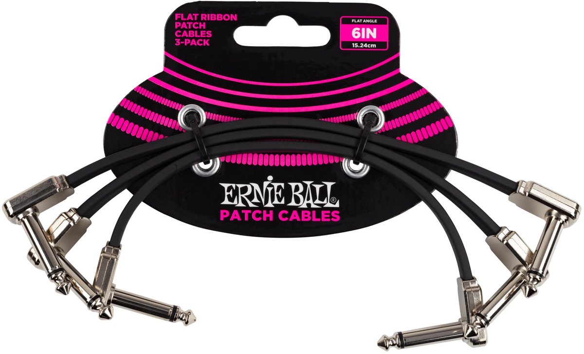 Ernie Ball Flat Ribbon - Patchkabel - Haaks naar Haaks - 15cm - Zwart - Metalen Behuizing - Pedalboard - 3-Pack
