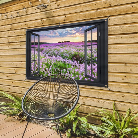 Tuinposter 120x80 cm - Tuindecoratie Doorkijk - Bloemen - Landschap - Raam - Poster voor in de tuin - Buiten decoratie - Schutting tuinschilderij - Tuindoek muurdecoratie - Wanddecoratie balkondoek