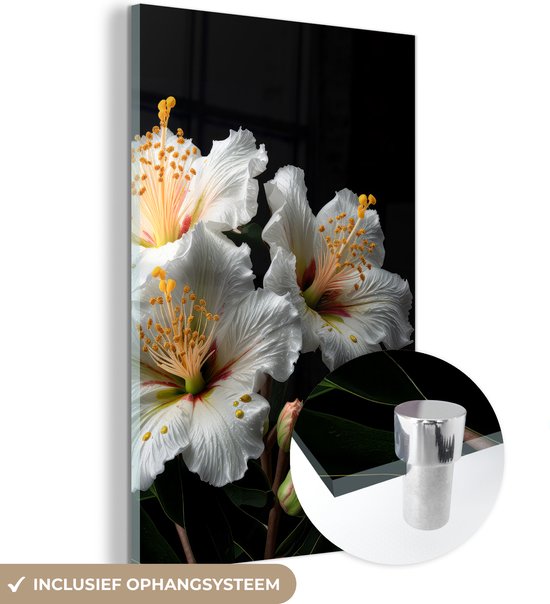 MuchoWow® Glasschilderij 80x120 cm - Schilderij acrylglas - Bloemen - Wit - Hibiscus - Natuur - Zwart - Foto op glas - Schilderijen
