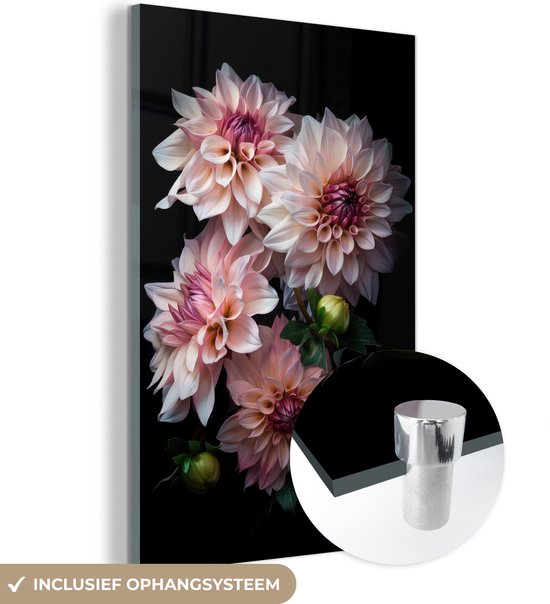 MuchoWow® Glasschilderij 120x180 cm - Schilderij acrylglas - Dahlia - Wit - Bloemen - Roze - Natuur - Foto op glas - Schilderijen