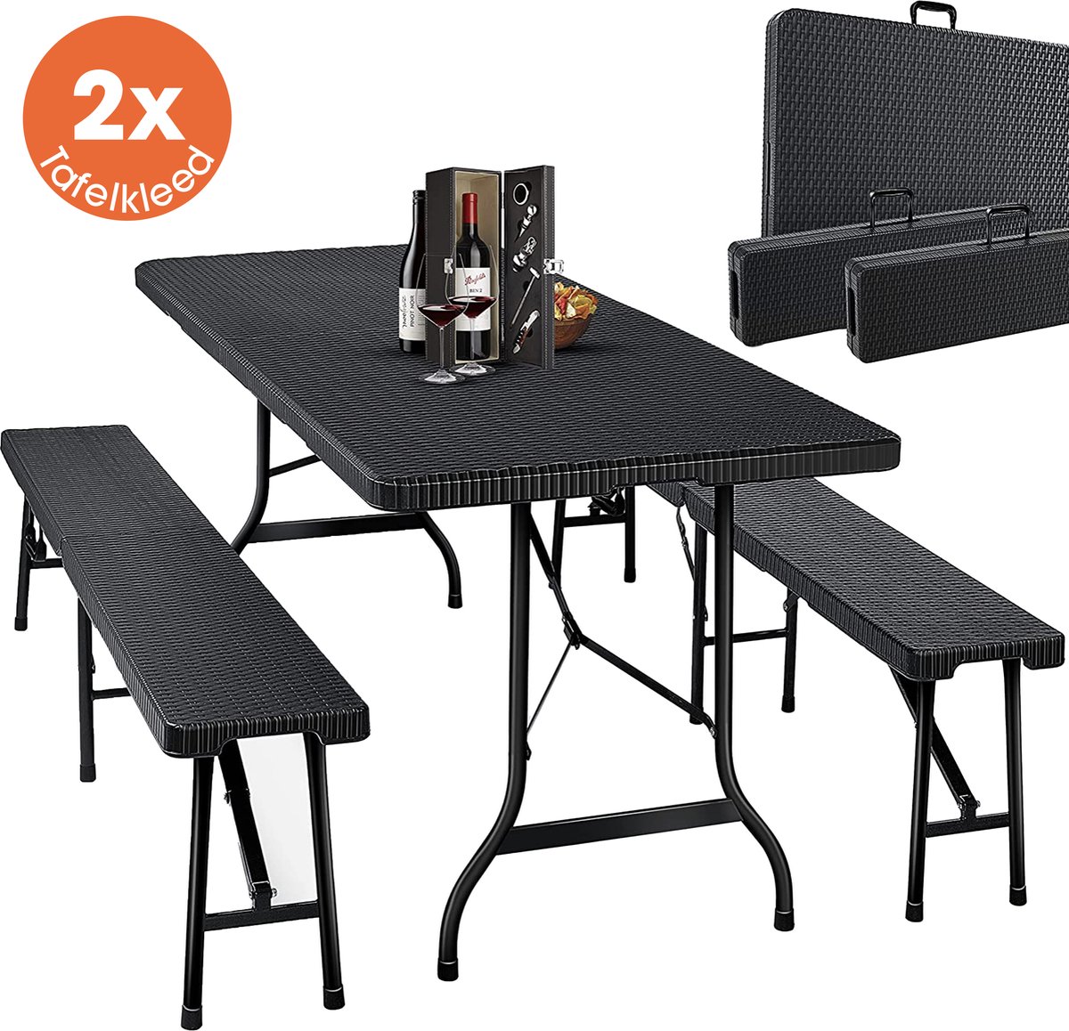 Lenx Klaptafel met 2 Klapbanken - 3 in 1 Set - Inklapbare tafel - 180x75x74cm - Opvouwbare Tuintafel - Vouwtafel - Inclusief handvat en 2 tafelkleden - 6 tot 8 Personen