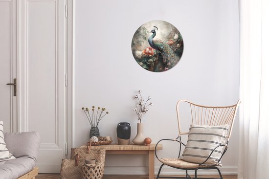 WallCircle - Stickers muraux - Cercle Papier Peint - Paon - Plumes De Paon - Vogel - Jungle - Fleurs - 30x30 cm - Cercle Mural - Auto Adhésif - Autocollant Rond Papier Peint