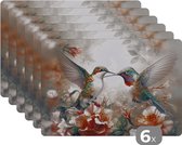 Placemat - Placemats kunststof - Kolibrie - Vogels - Bloemen - Natuur - 45x30 cm - 6 stuks - Hittebestendig - Anti-Slip - Onderlegger - Afneembaar