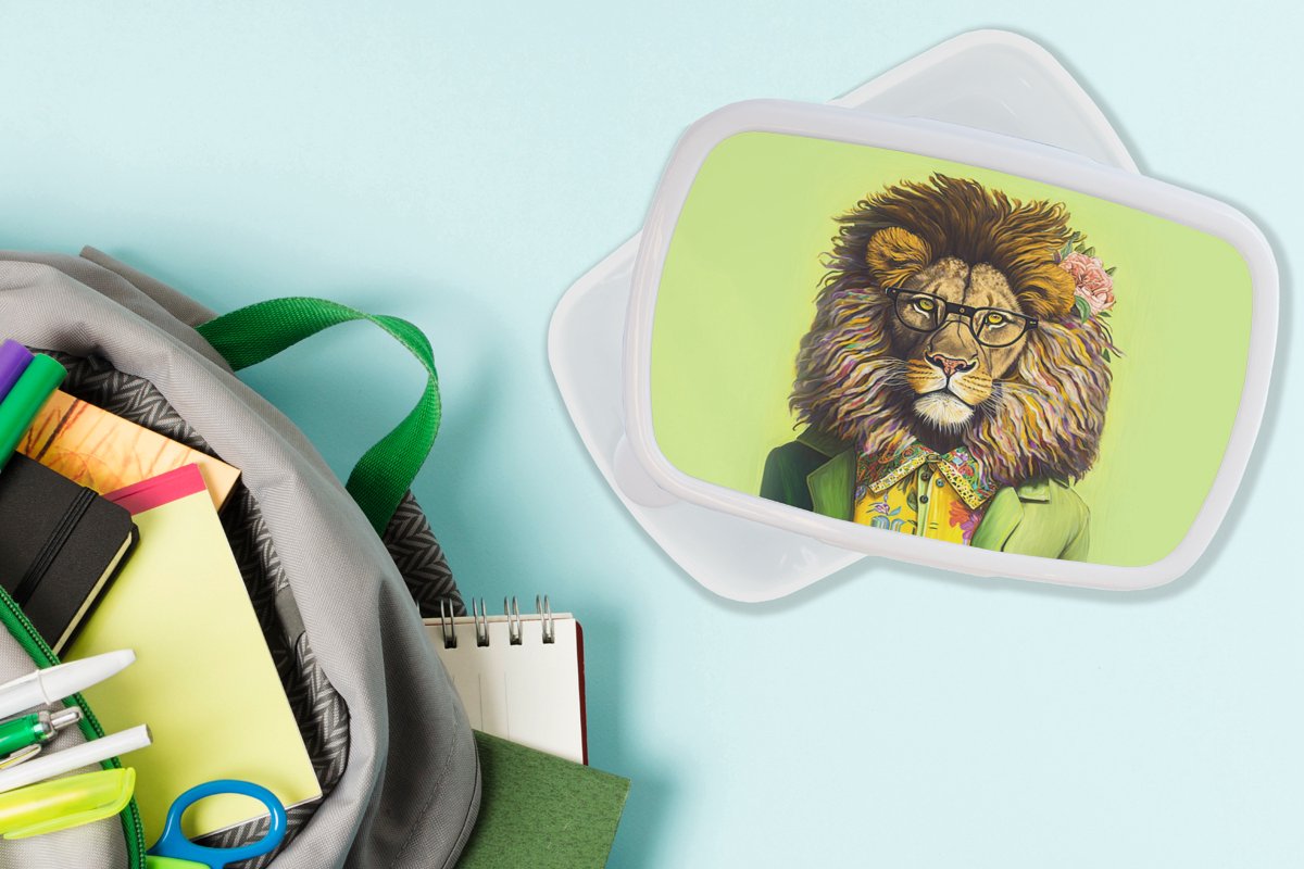 Broodtrommel Wit - Lunchbox - Brooddoos - Leeuw - Man - Dier - Bril - Bloemen - 18x12x6 cm - Volwassenen