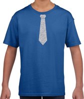 Stropdas zilver glitter t-shirt blauw voor kinderen L (146-152)